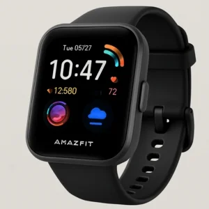 A black Amazfit smartwatch with a large square screen showing the time (10:47), date (Tue 05/27), step count (12,580), heart rate (72), and colorful icons for activity, weather, and more.