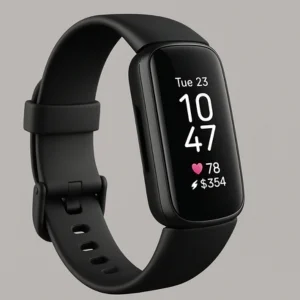 A black Fitbit Inspire 3 fitness band with a curved rectangular screen displaying the date (Tue 23), time (10:47), heart rate (78), and a lightning bolt icon with the number 354.