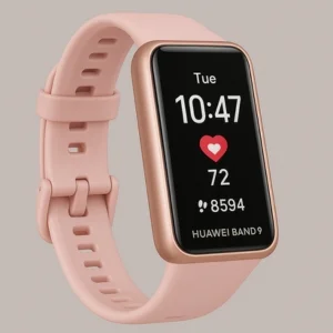 A rose gold Huawei Band 9 fitness tracker with a pink silicone strap, displaying the time (10:47), heart rate (72), and step count (8594) on a sleek rectangular screen.