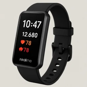 A black Realme smart fitness band with a rectangular screen displaying the time (10:47), a step count (12,680), and two heart rate icons with values of 78, along with the "realme" logo at the bottom.