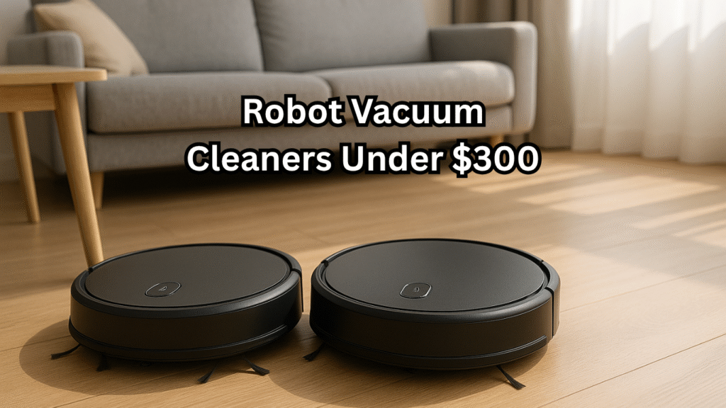A modern living room with a budget robot vacuum cleaners under $300 autonomously cleaning hardwood floors, showcasing affordable smart home technology