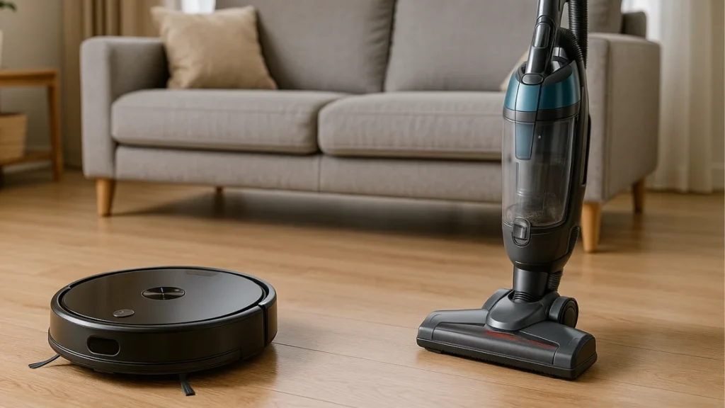A modern living room with a robot vacuum cleaner cleaning hardwood floors, while a traditional upright vacuum stands in the background—symbolizing the choice between Robot Vacuum vs Traditional Vacuum.