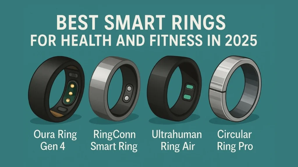 Digital illustration of the best smart rings for health and fitness in 2025, including Oura Ring Gen 4, RingConn Smart Ring, Ultrahuman Ring Air, and Circular Ring Pro, displayed on a teal background—highlighting top smart rings for wellness tracking, fitness monitoring, and sleep analysis.