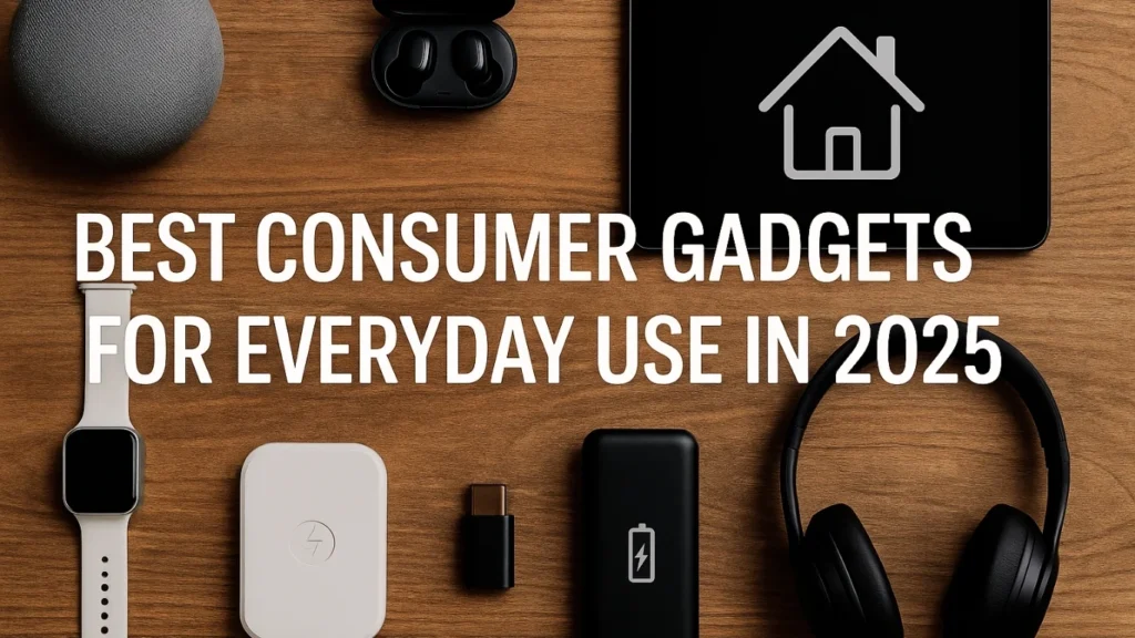A photograph displays consumer gadgets arranged on a wooden surface, including a smartwatch, wireless earbuds, smart speaker, headphones, power bank, and tablet, highlighting the best consumer gadgets for everyday use in 2025.