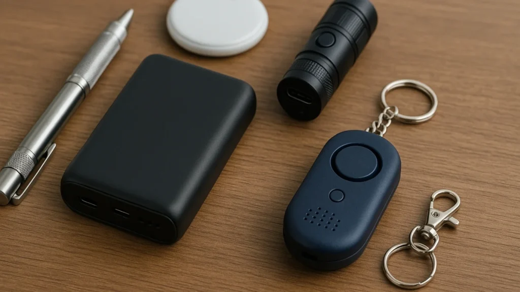 A collection of everyday carry gadgets 2025 including a multitool pen, smart tracker, USB-C power bank, compact flashlight, and personal alarm on a tabletop.
