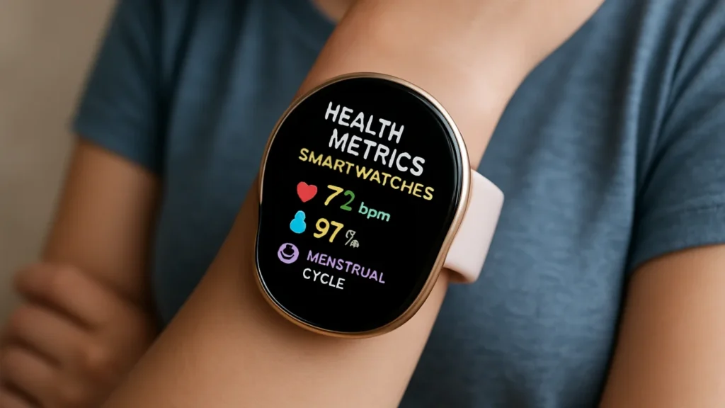 A realistic close-up of a woman wearing a modern smartwatch displaying key health metrics like heart rate, blood oxygen level, and menstrual cycle on the screen, representing health metrics in women’s smartwatches in 2025.