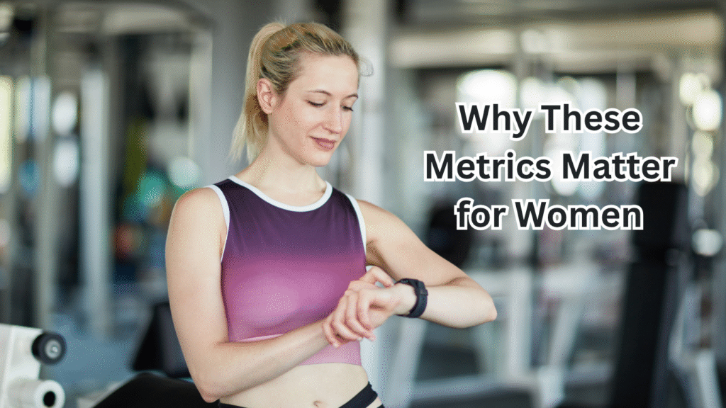 An image showing a woman in a gym looking at her smartwatch metrics after completing exercise.
