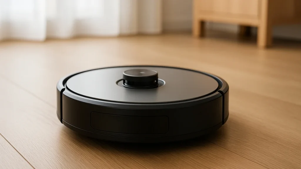 A high-resolution digital photograph showcases a robot vacuum cleaner autonomously cleaning a modern living room floor, highlighting smart cleaning technology.