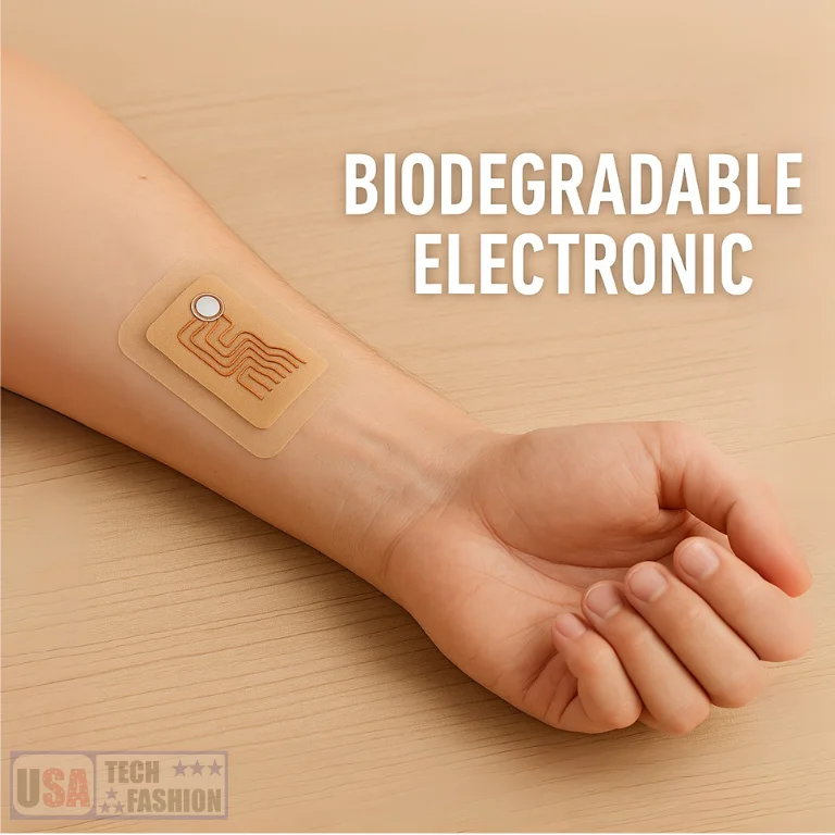 Close-up of a wearable biodegradable electronic patch on a person’s forearm, used for medical monitoring or health tracking