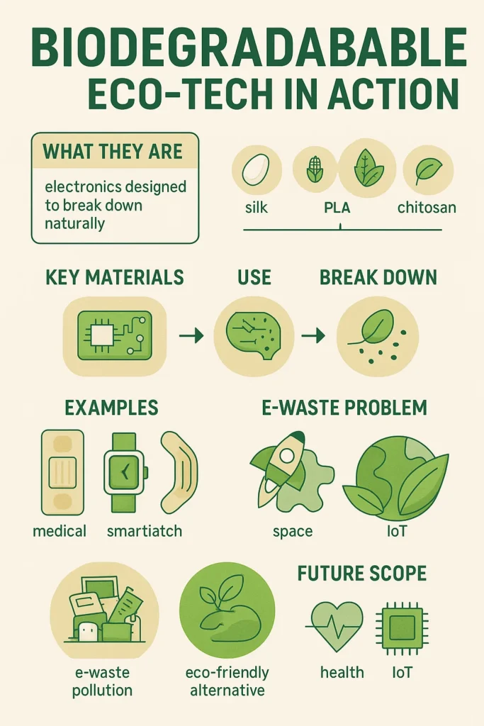 Infographic summarizing biodegradable electronics, including materials like silk and cornstarch, how they break down, real-world examples like medical patches, and their eco-friendly future applications