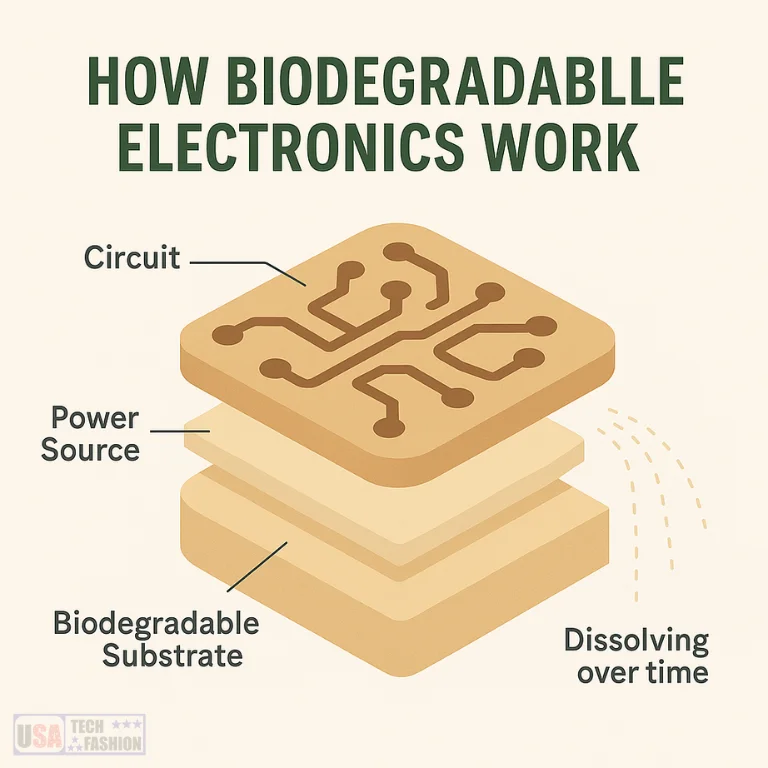 Diagram showing layers of a biodegradable electronic device, including circuit, power source, and biodegradable substrate, with a visual cue for dissolving over time