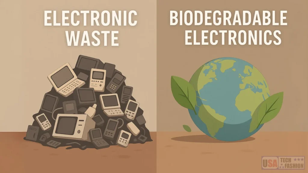 Side-by-side comparison of electronic waste and biodegradable electronics, showing a pile of old devices next to a green Earth wrapped in leaves
